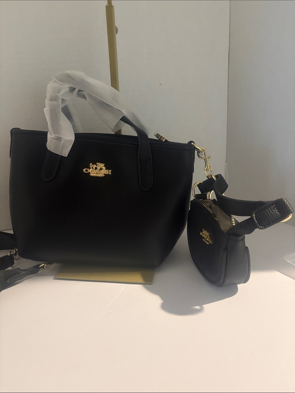 Coach Black Pebbled Leather Tote with Mini Pouch and Strap - Picture 11 of 11